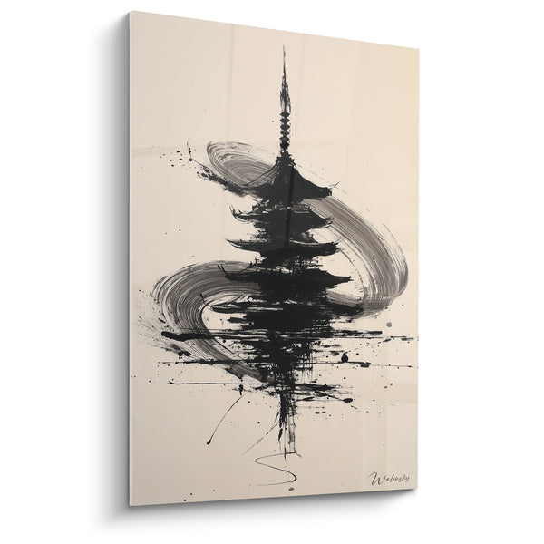 Schilderij Aziatisch Tempel Zwarte en Beige Inkt - Zen Beweging - Pagode Editie