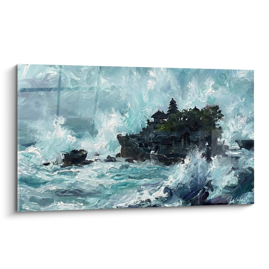 Tableau Temple sur Rochers avec Vagues Turquoise - Tempête Sacrée - Edition Bali