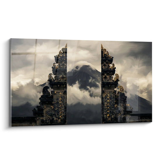 Tableau Temple Balinais et Volcan dans les Nuages - Mystique Sacrée - Edition Bali