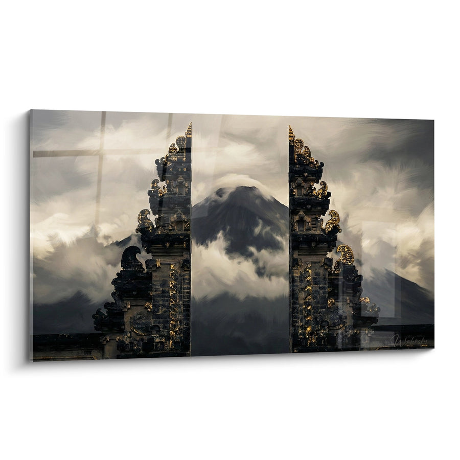 Tableau Temple Balinais et Volcan dans les Nuages - Mystique Sacrée - Edition Bali