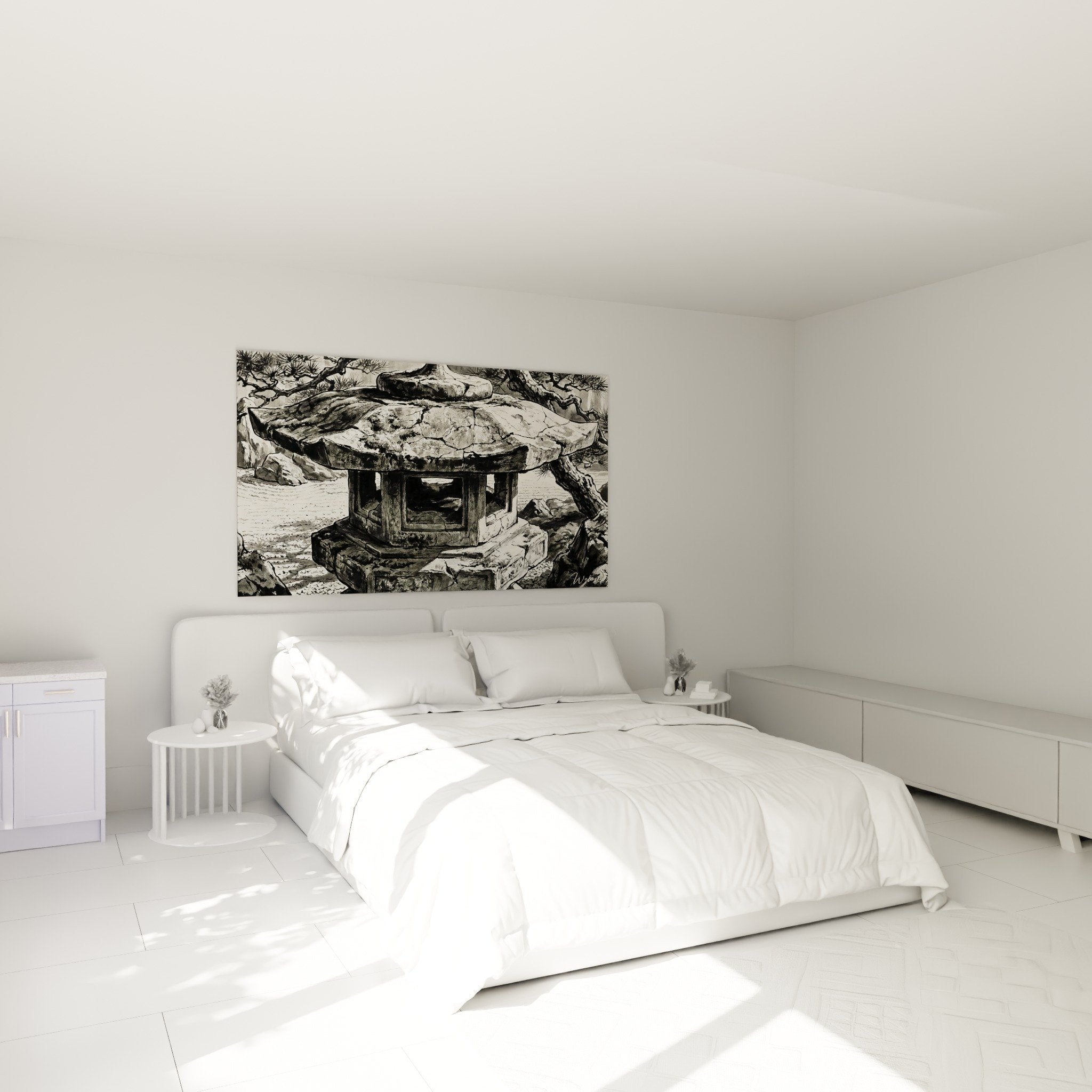 Tableau lanterne temple bouddhiste noir blanc decoration chambre zen spirituelle murale