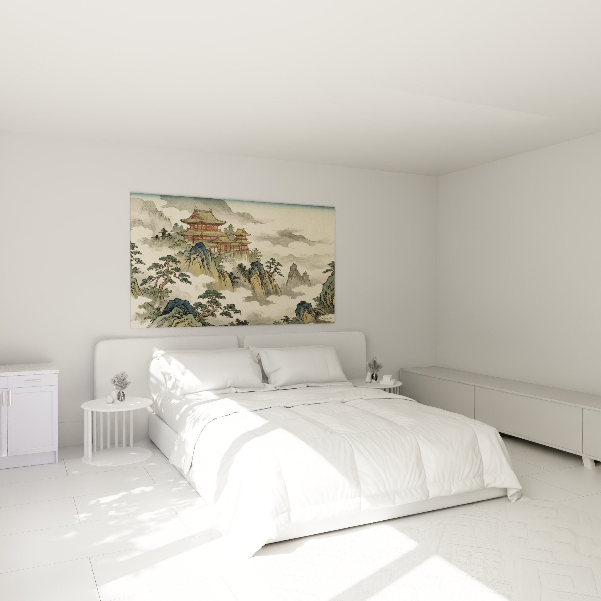 tableau temple bouddhiste chambre decoration murale pagodes nuages ambiance zen apaisante