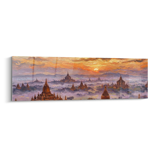 Schilderij: Tempellandschap bij zonsondergang met oranje en paarse lucht - Sereniteit van Bagan - Boeddhistische Tempel Editie
