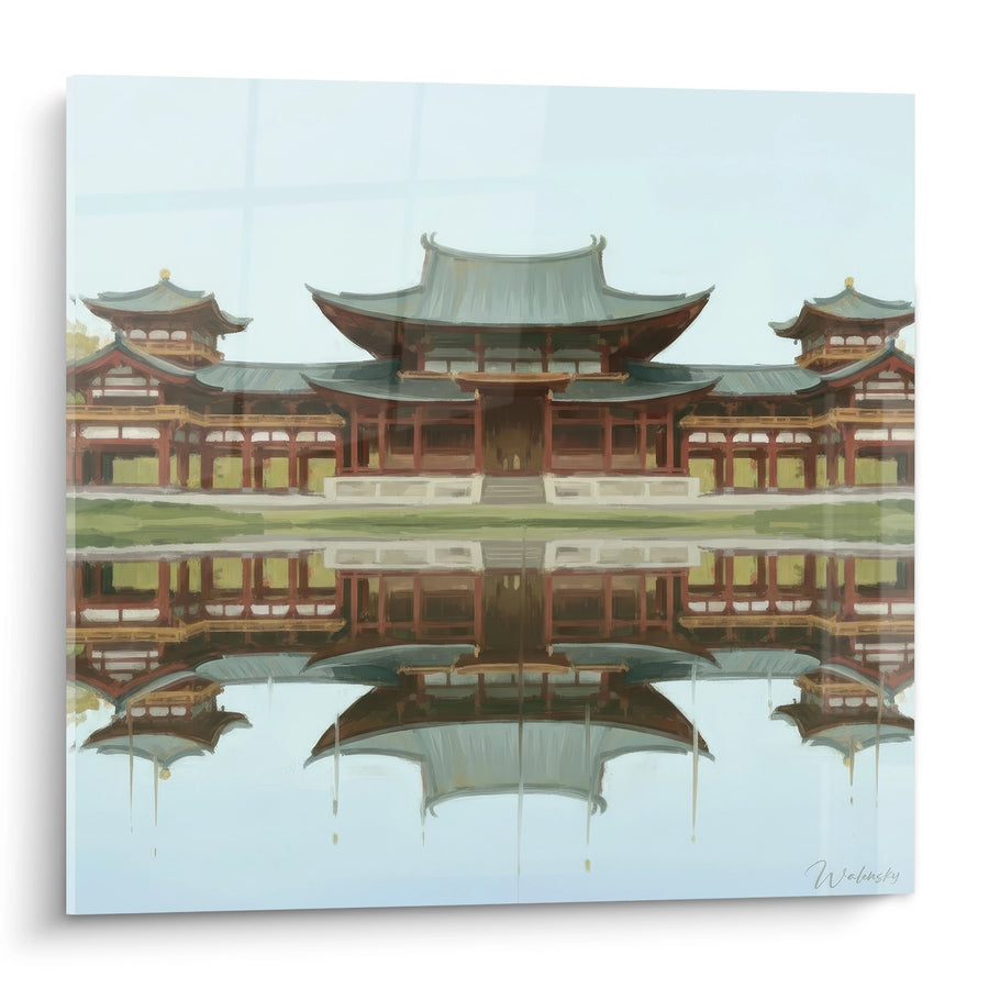 Tableau architecture bouddhiste aux toits cuivrés et reflets parfaits dans l'eau - Harmonie miroir - Edition Temple bouddhiste