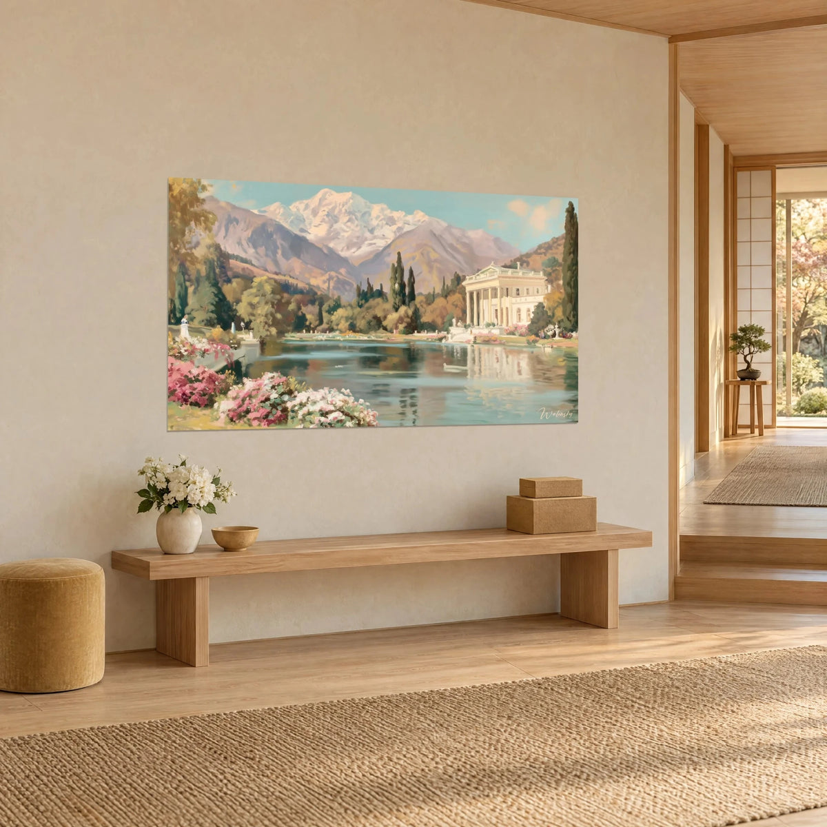 Quadro di un tempio con colonne doriche avorio riflesso nell'acqua turchese, catena montuosa innevata malva, vista di tre quarti, corridoio japandi