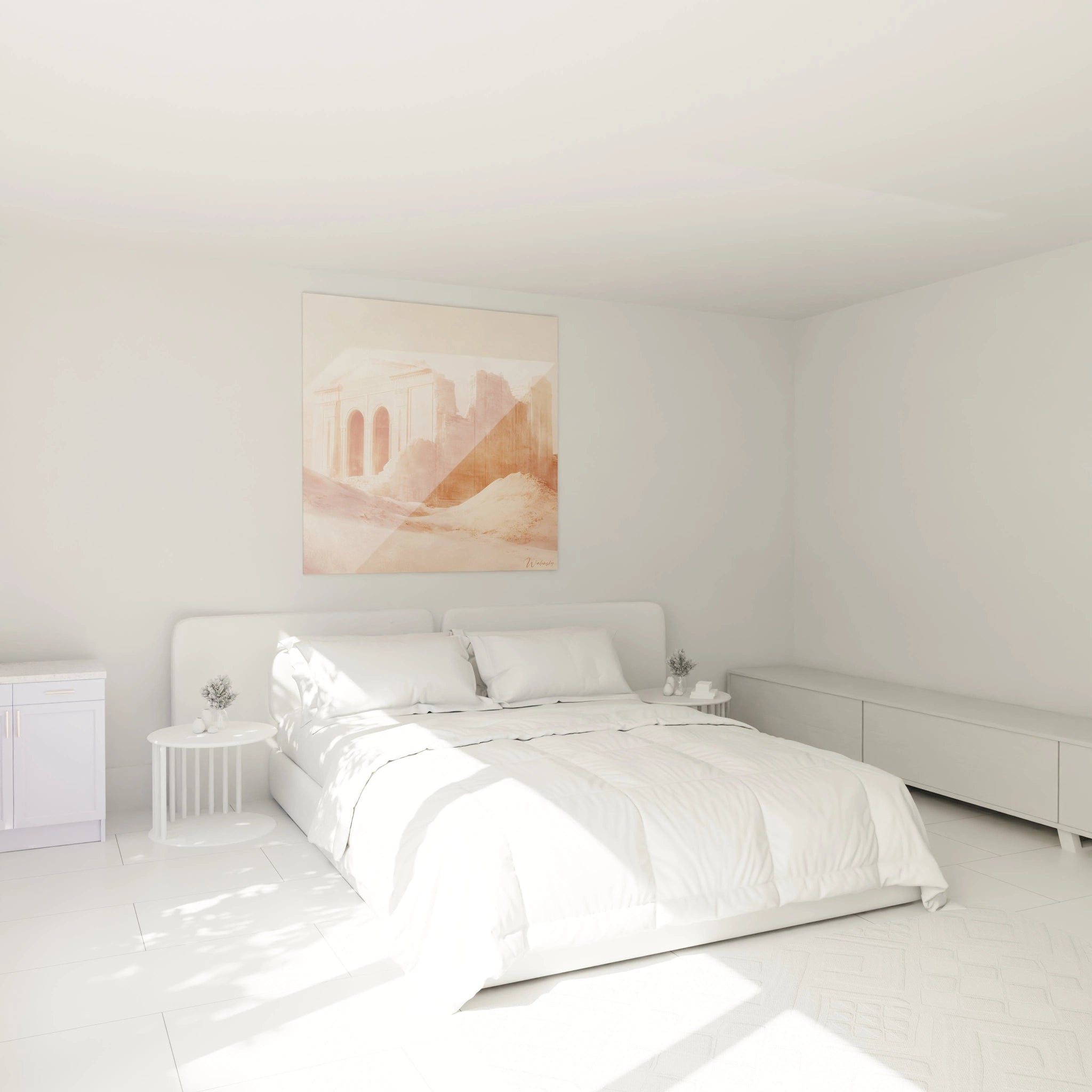 Tableau Egypte mural Walensky représentant des pyramides et ruines dans une chambre moderne blanche
