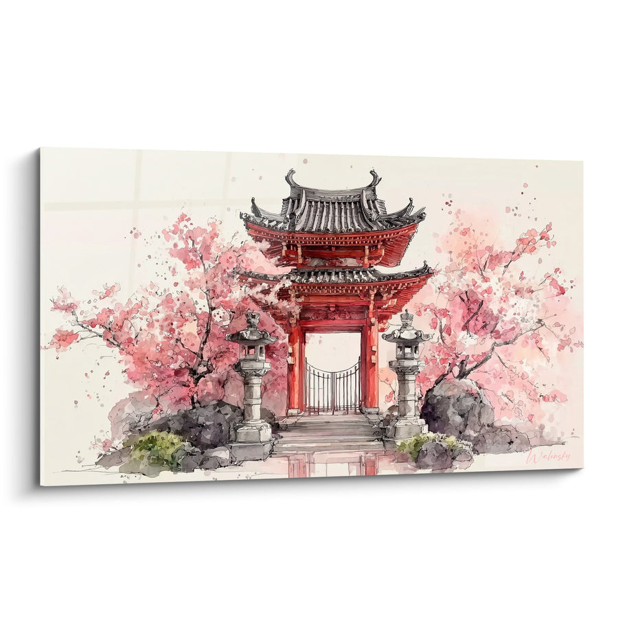 Tafel Japans tempel rood aquarel kersenbloesem roze - Bloeiend heiligdom - Editie torii