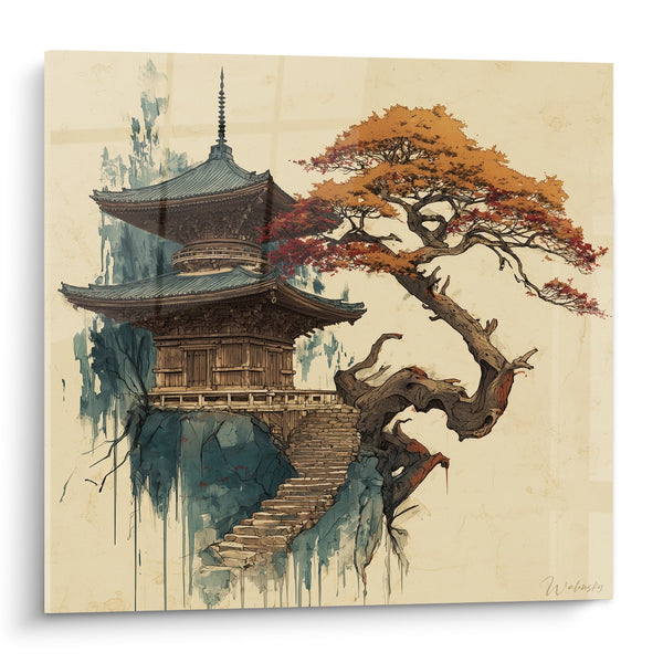 Schilderij van een Japanse tempel en herfstkleurige boom op een waterverfachtergrond - Harmonie Zen - Pagode Editie