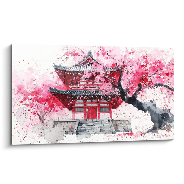 Cuadro Templo de Cerezos Rosados Acuarela - Destellos de Sakura - Edición Pagoda