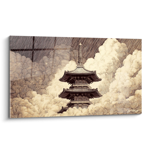 Schilderij Japanse Architectuur Tempel Wolken Sepia - Mystiek Tempel - Pagode Editie
