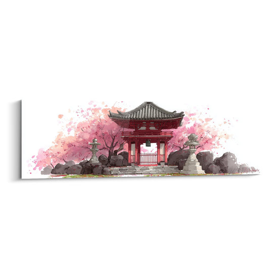 Cuadro del templo japonés rojo bajo cerezos rosas en acuarela - Santuario floreado - Edición torii