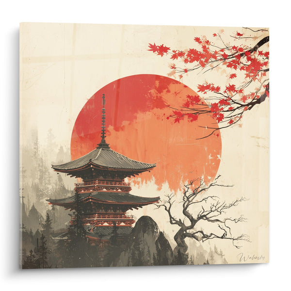 Cuadro Templo Japonés Sol Rojo y Ramas Floridas - Serenidad de Otoño - Edición Pagoda