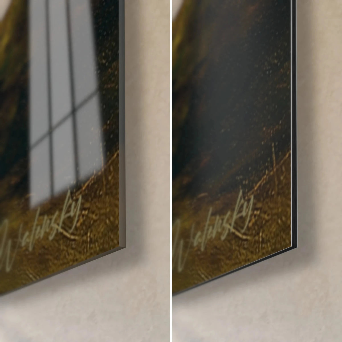 Schilderij vrouw in zwarte jurk tegenover het meer, rechtsonder: glanzend acrylglas links, mat Dibond-aluminium en rand rechts