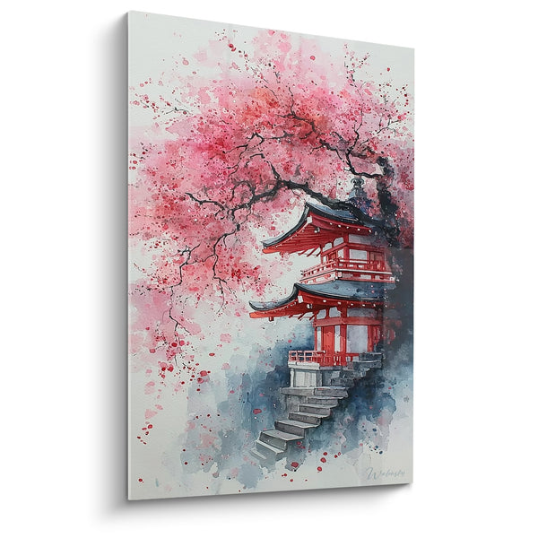 Schilderij Rode Tempel onder Bloesems van Roze Kersen - Japanse Serenity - Pagode Editie