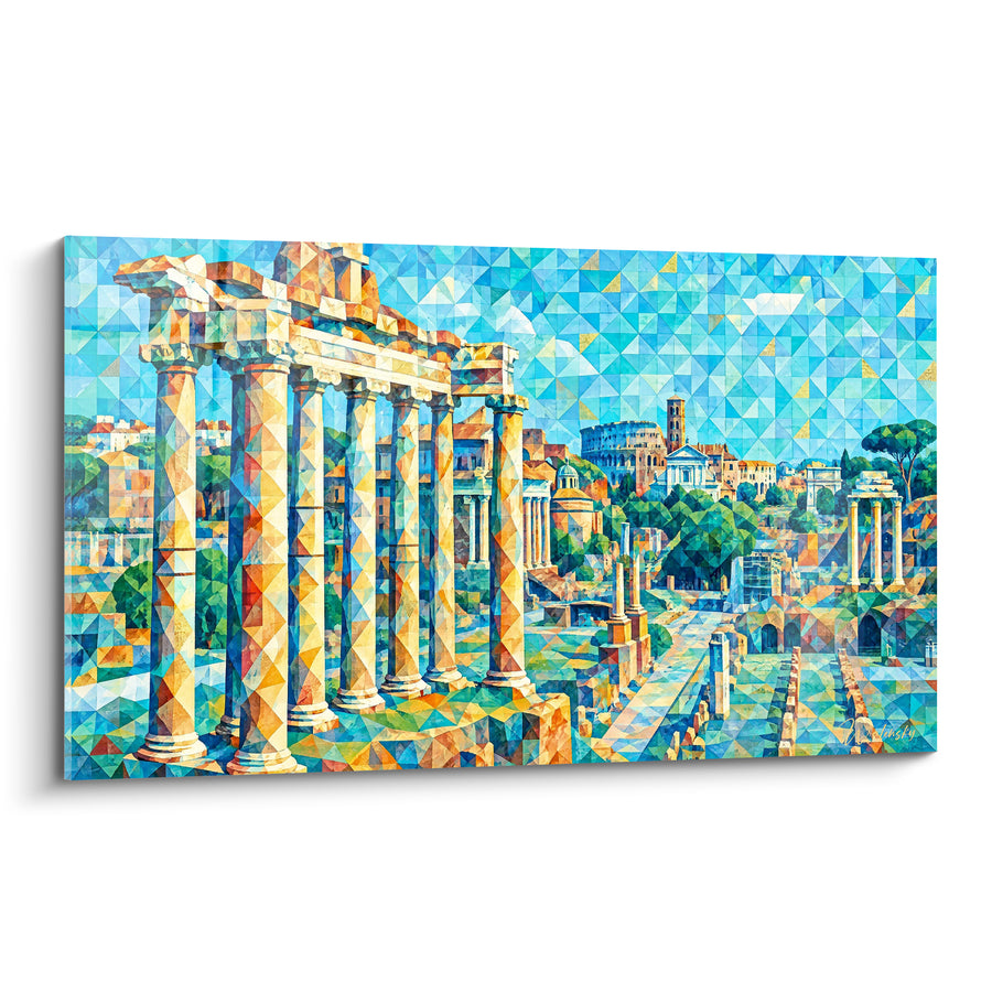 Tableau Colonnes antiques ocre et bleu turquoise géométrique - Éclats de Rome antique - Edition Temple de Saturne Latium Italie