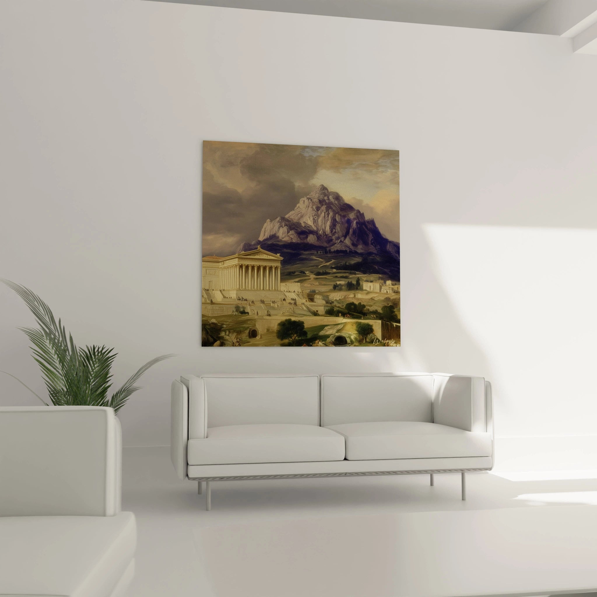Tableau mural Walensky représentant un temple antique devant une montagne dramatique, tableau temple antiquité néo classique