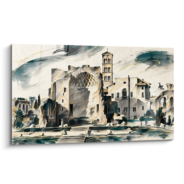 Tableau Ruines antiques aux tons beige et bleu sarcelle - Écho du passé - Edition Temple de Vénus et de Rome Latium Italie