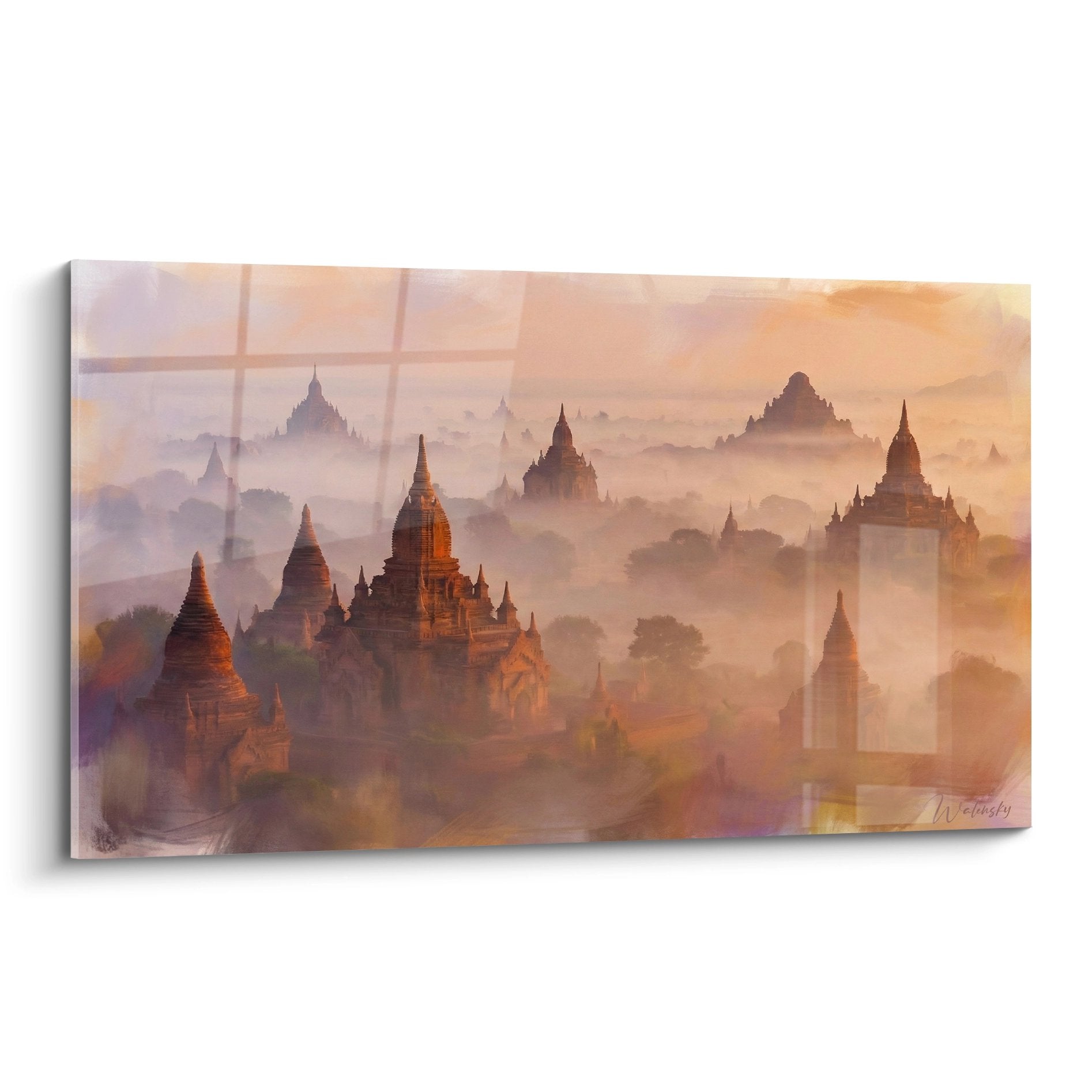 Tableau temples bouddhistes dans brume dorée matinale avec silhouettes de pagodes mystiques