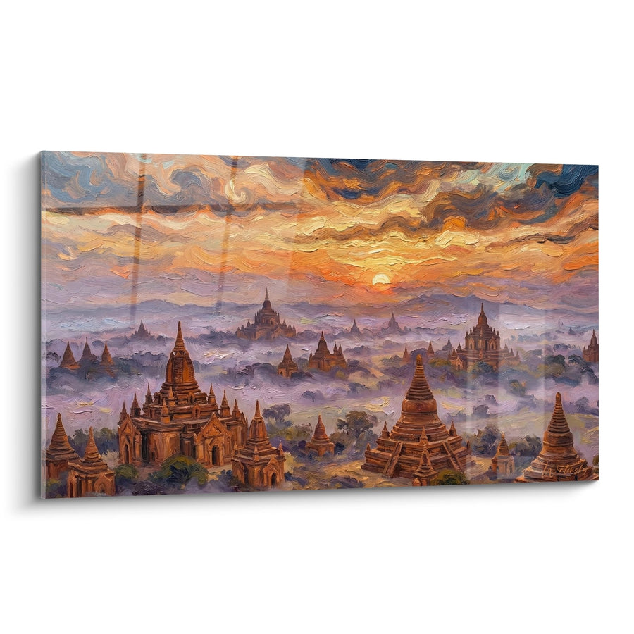 Tableau Temples Dorés dans la Brume Violette au Crépuscule - Mystique Sacrée - Edition Temple bouddhiste