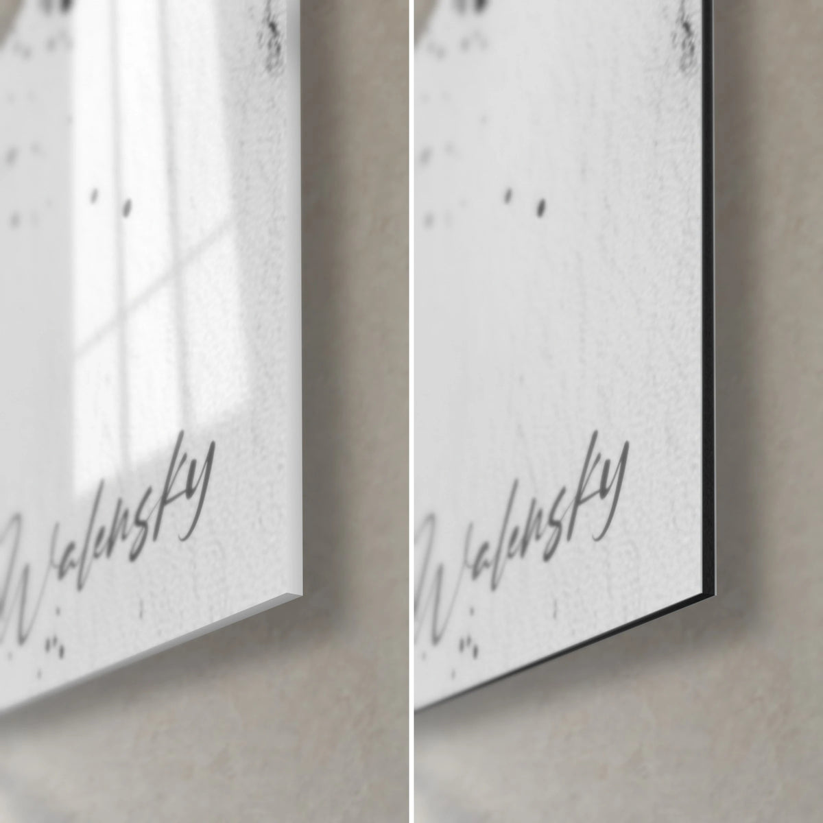 Wall art of black ink hooks on a white background, bottom right corner in glossy glass and matte grey Dibond, slim 3 mm edge