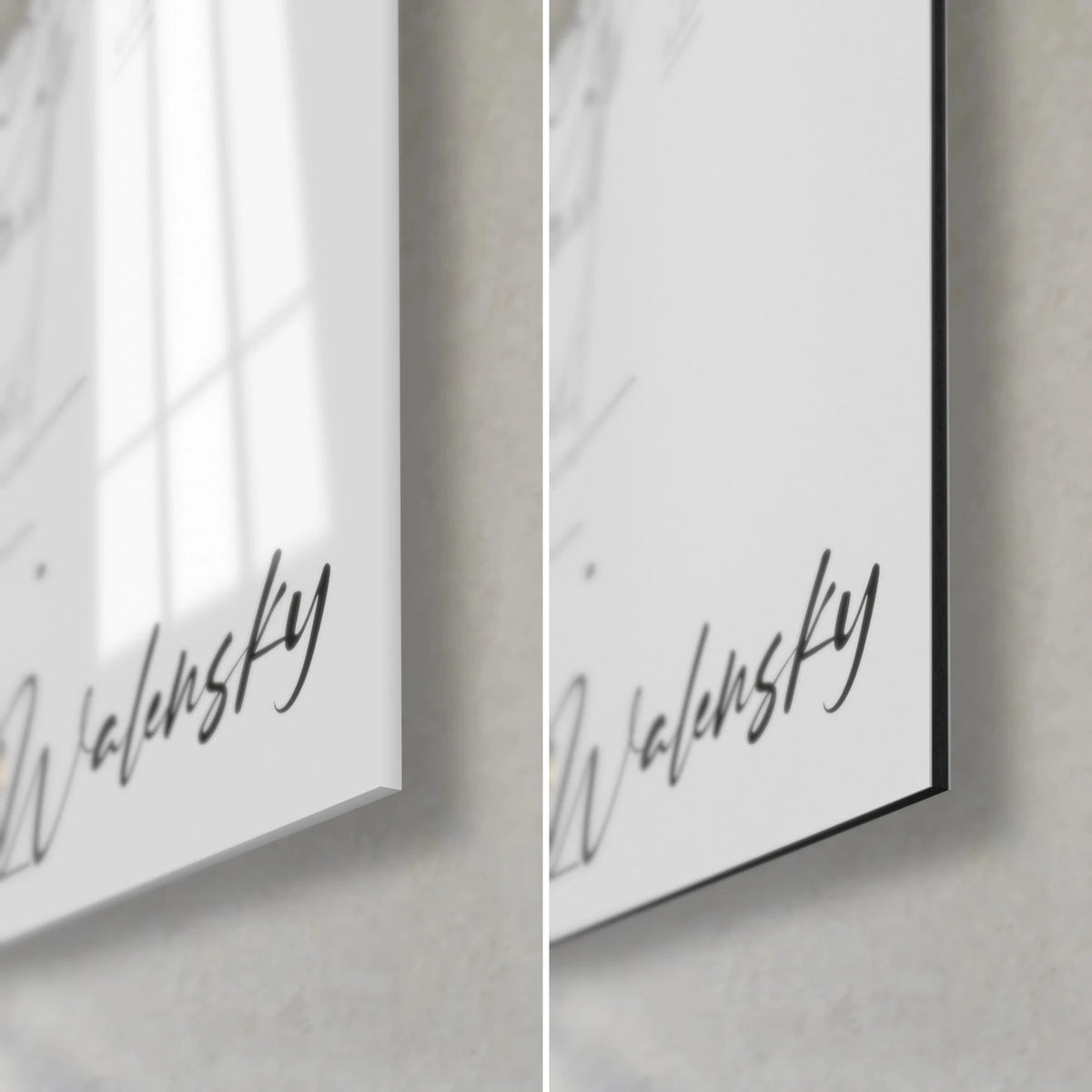 Schilderij vrouw met zwarte hoed en mozaïekjurk, rechtsonder gesigneerd door Walensky, glanzend glas links, mat zwart Dibond rechts