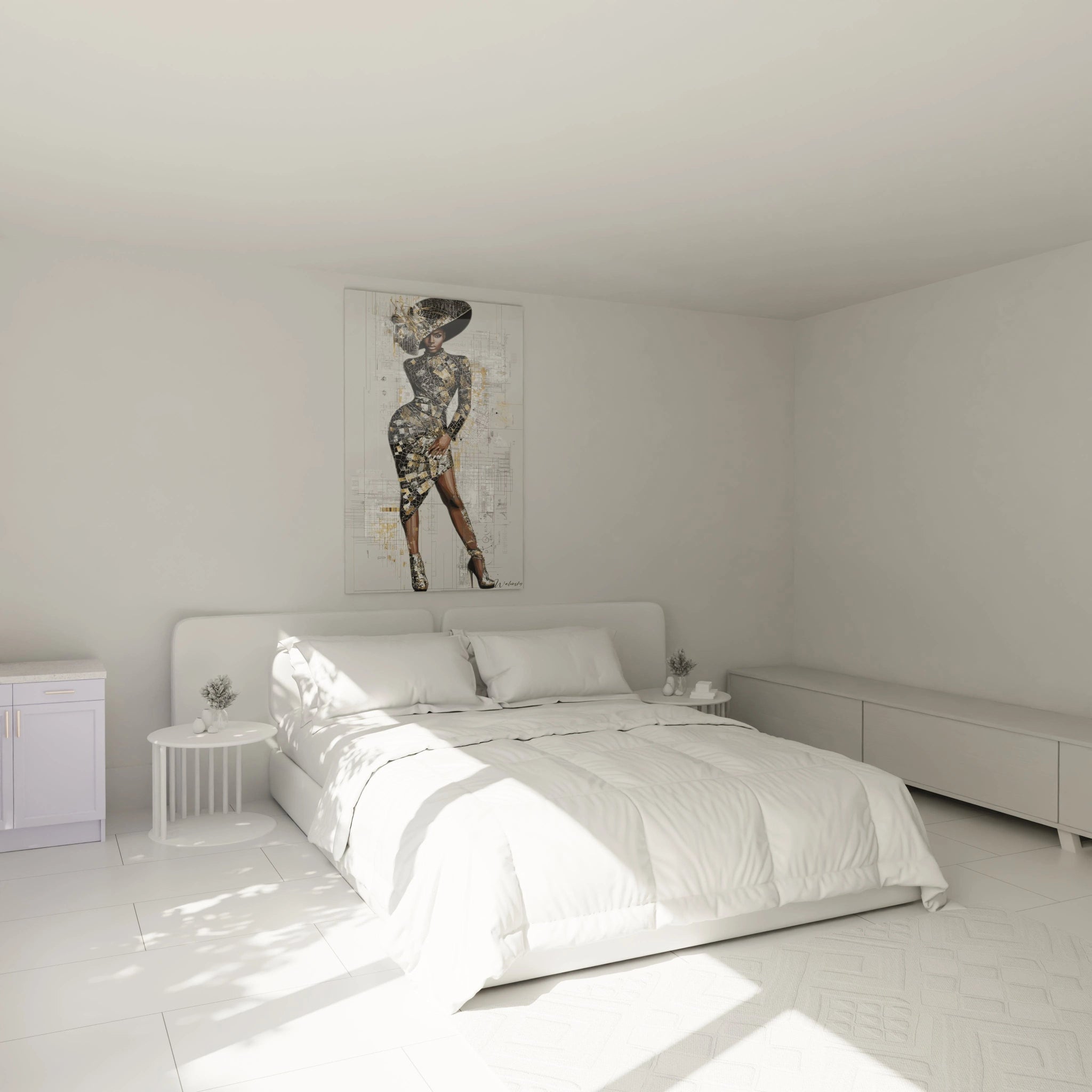 Tableau mural artistique haute couture représentant une silhouette féminine dans un décor moderne