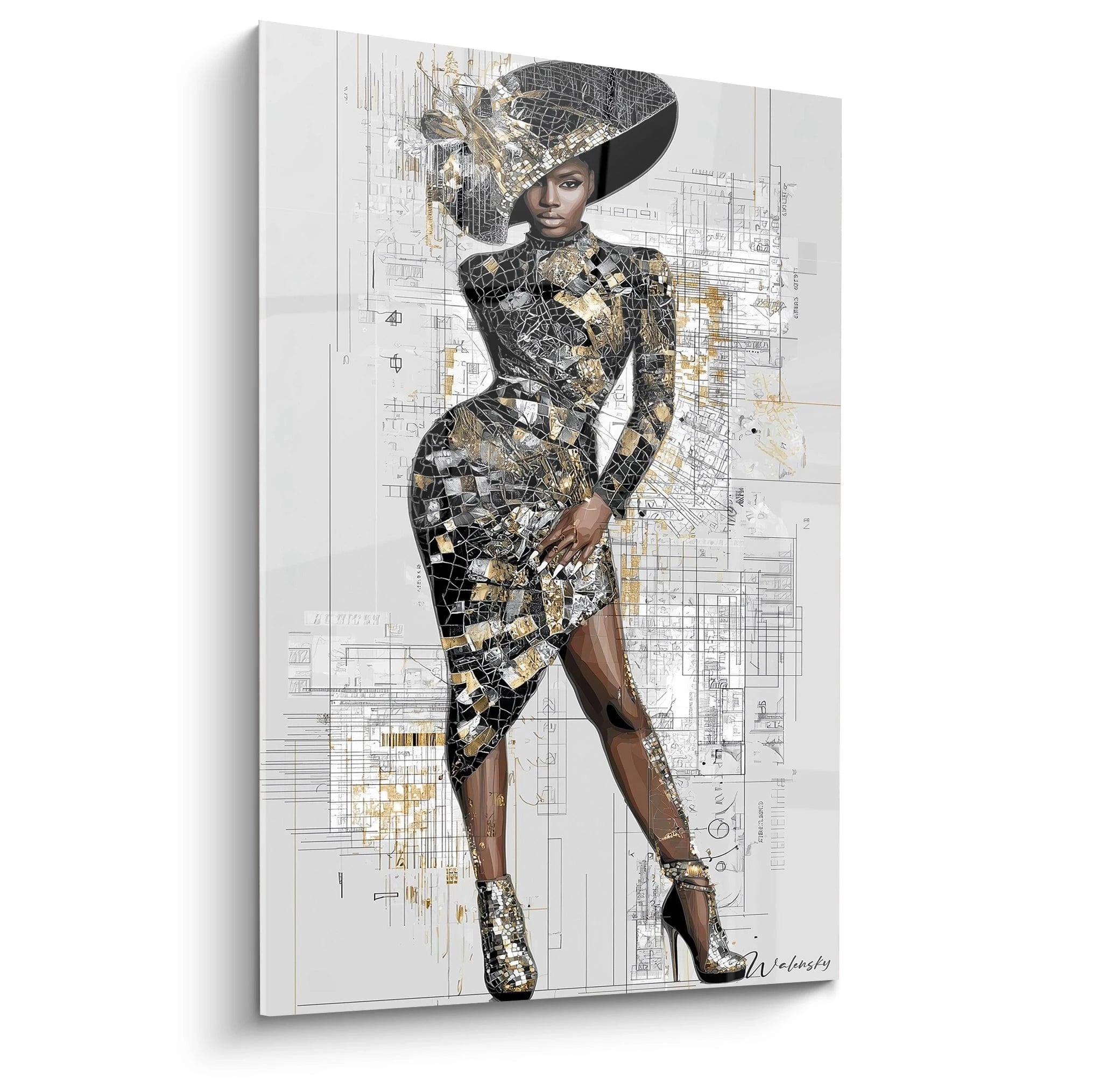 Tableau mural artistique haute couture avec une femme élégante en tenue chic sur fond abstrait