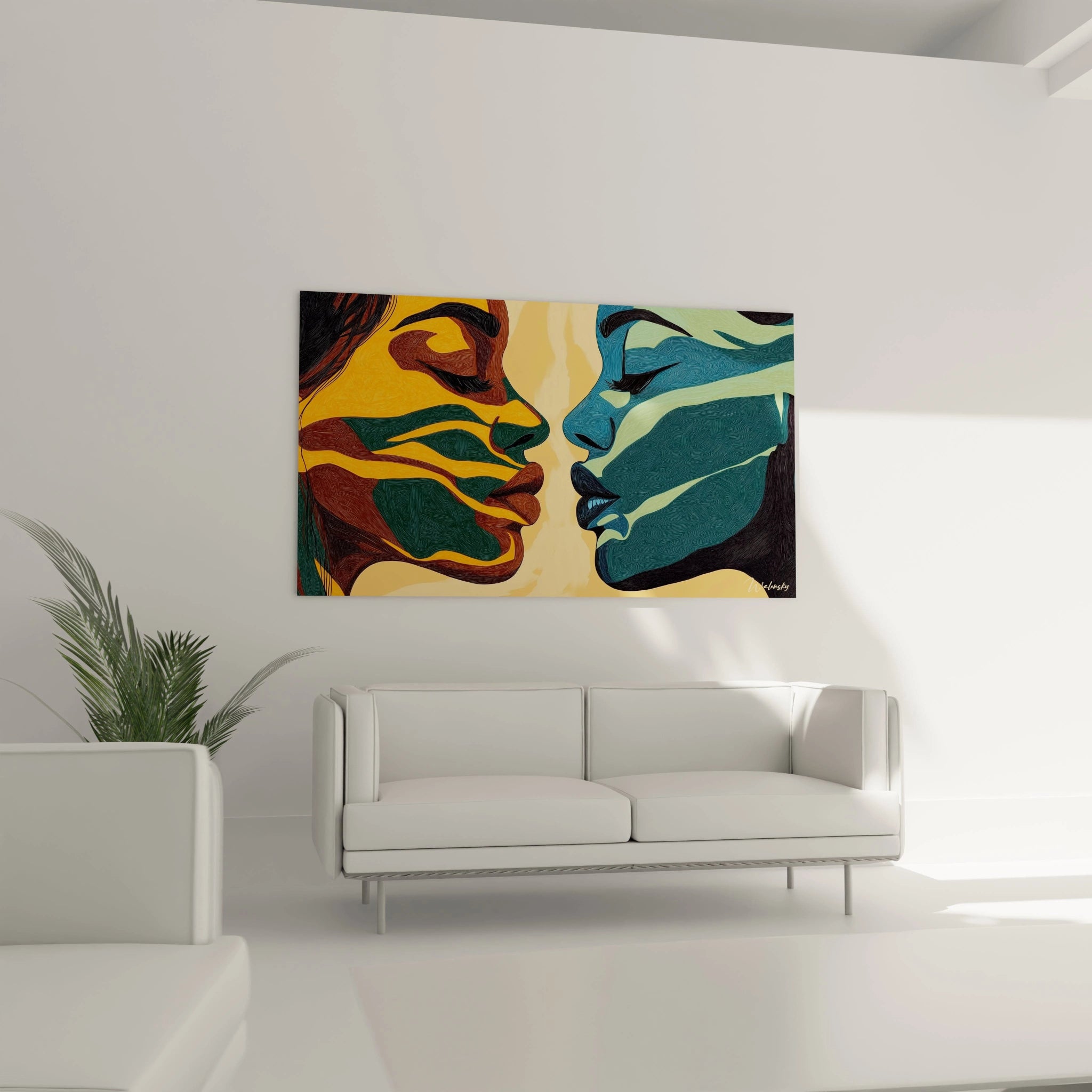 Un tableau visage abstrait expressif montrant deux silhouettes en opposition chromatique - orange vif contre bleu-vert profond - dont les contours fluides et texturés suggèrent une conversation silencieuse sur fond lumineux.
