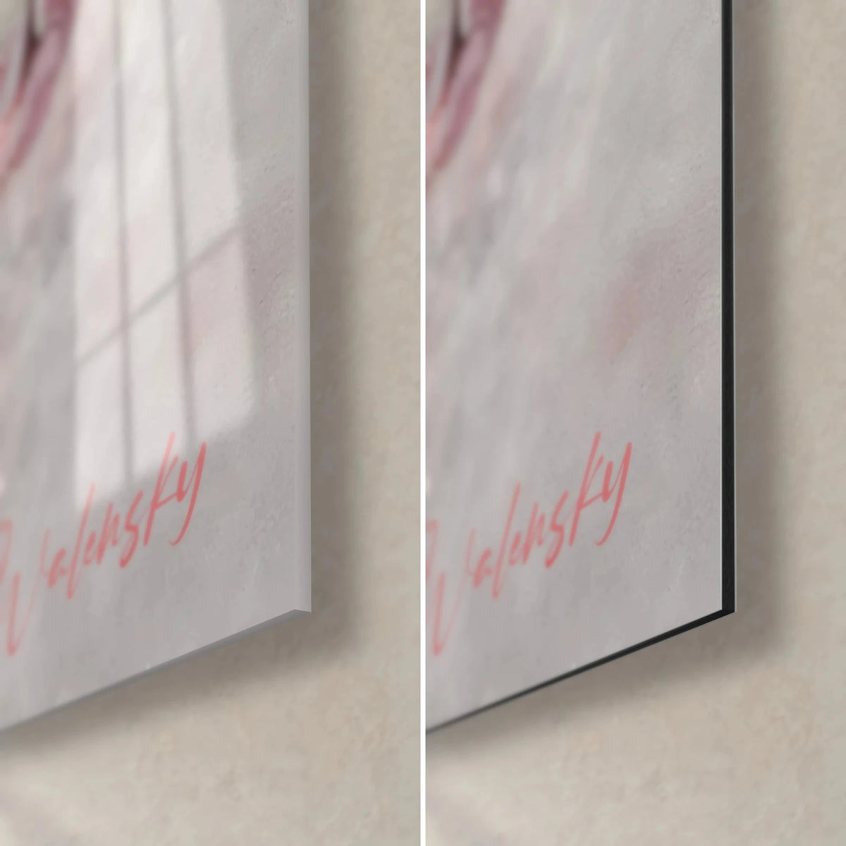Wall art of a koala with pink-tinged ears, bottom right corner: glossy acrylic glass on the left, matte black Dibond on the right, thin edge