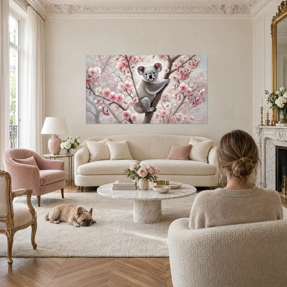 Wall art of a koala perched in a blooming cherry tree with pale pink blossoms, above a sofa in a bright living room