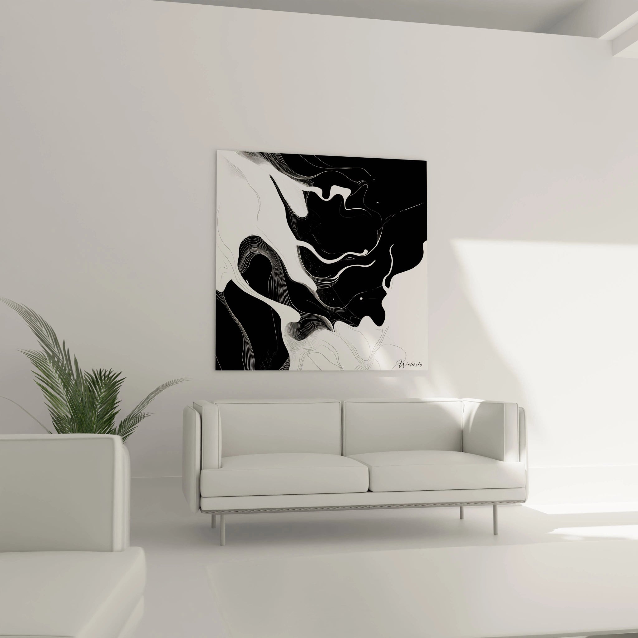 Un tableau rayures noir et blanc abstrait où des formes blanches organiques semblent flotter sur un fond noir intense. Les lignes fines et précises forment des motifs ondulants qui s'entrelacent, créant un contraste saisissant et une impression de mouvement perpétuel.
