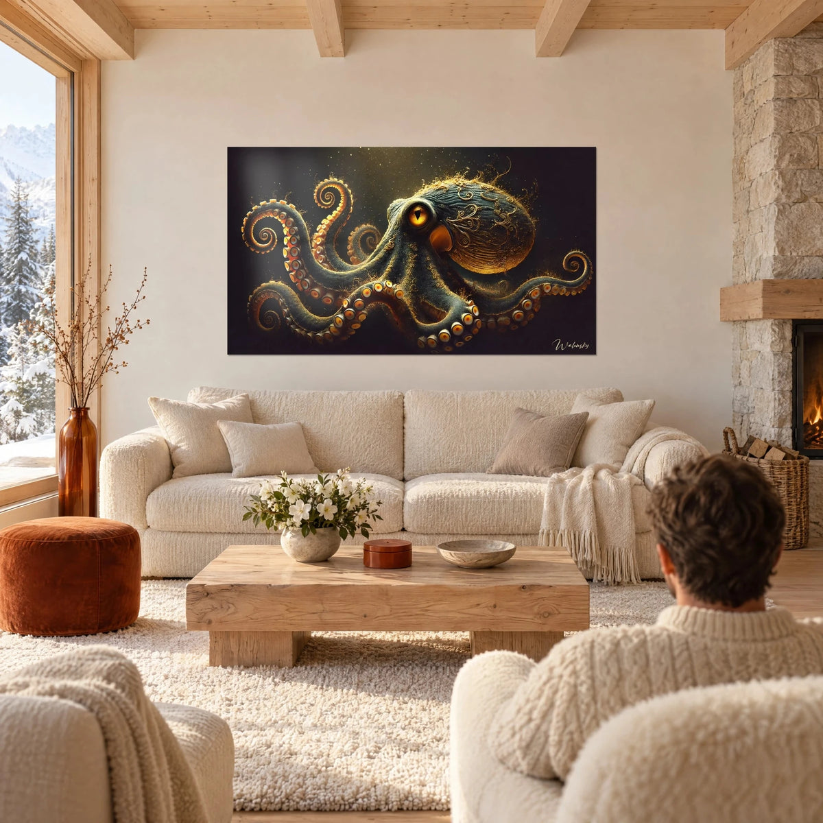 Cuadro de un pulpo con tentáculos espirales dorados, ojo ámbar y fondo negro, sobre un sofá en un salón luminoso
