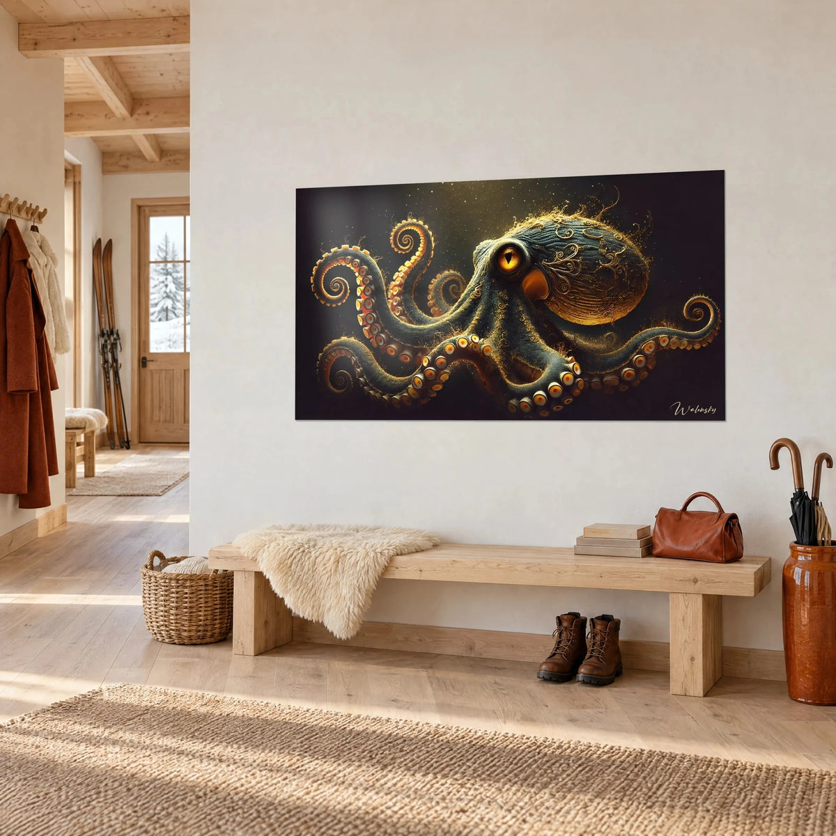 Cuadro de un cefalópodo gris azulado con ventosas anaranjadas y finos motivos dorados en filigrana, en la pared de un recibidor de madera clara