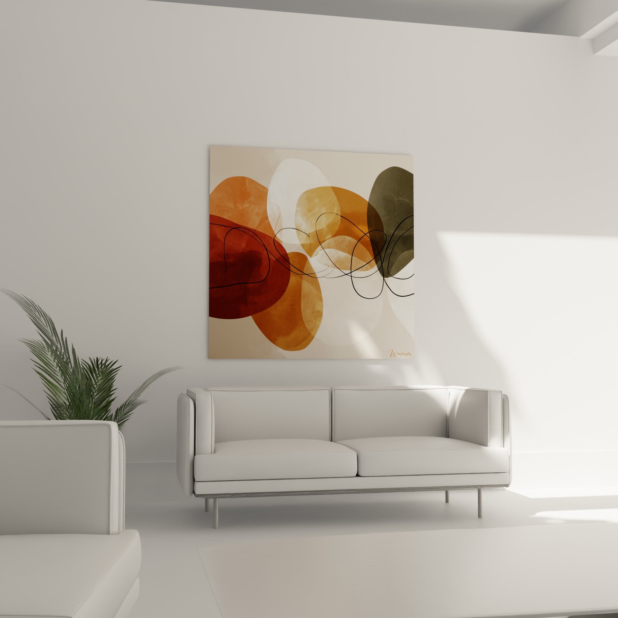 Composition abstraite brique et ocre traversée de courbes noires, suspendue au-dessus d'un canapé dans un salon lumineux
