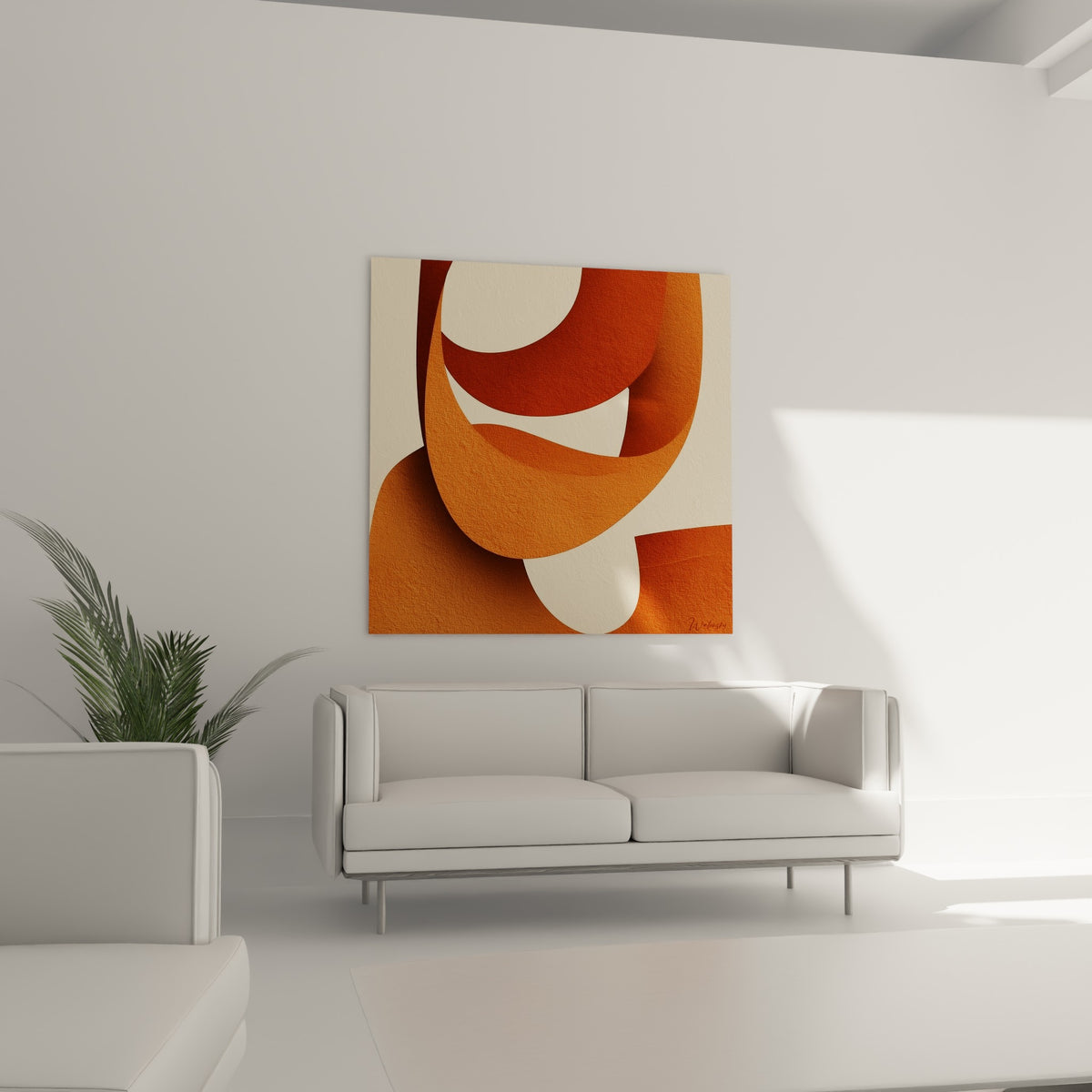 Silhouettes arrondies orange et crème du tableau Terracotta, suspendues au-dessus d'un canapé dans un salon lumineux