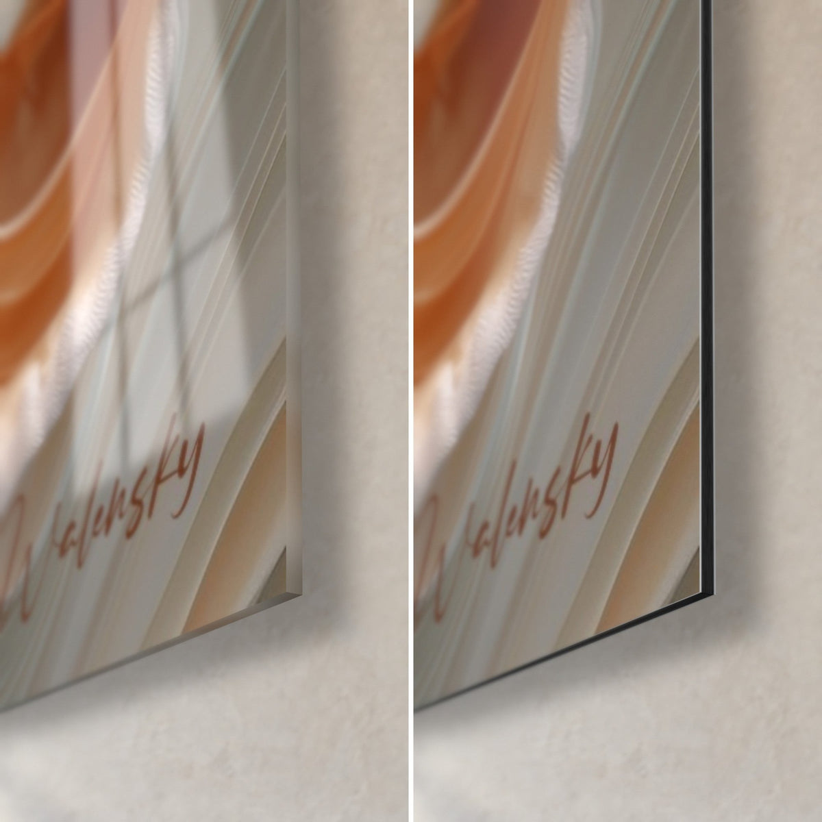 Tableau agate ocre et blanc, coin bas droit : verre acrylique brillant à reflets, alu Dibond mat, tranche de 3 mm