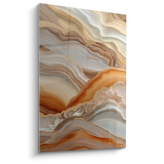 Coupe d'agate terracotta et gris perle aux strates ondulantes soulignées de filets dorés brillants