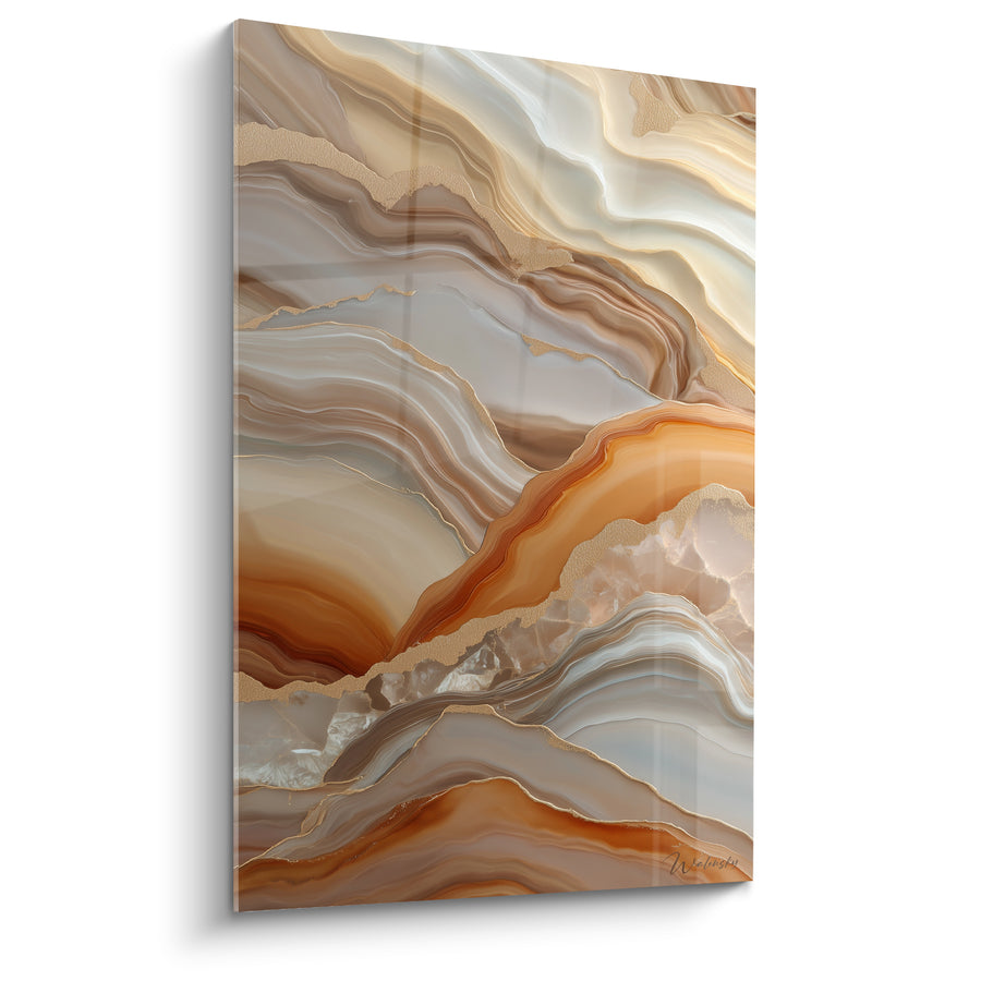 Tableau Vagues marbrées gris et orangé cristallines - Veines dorées scintillantes - Edition Terracotta