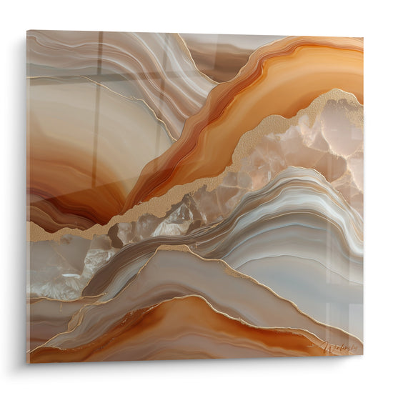 Vagues d'agate terracotta et gris perle striées de veines dorées, motif minéral abstrait