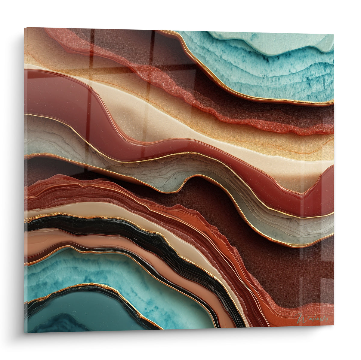 Agate ondulée aux strates terracotta, turquoise et dorées, composition minérale abstraite en plein cadre