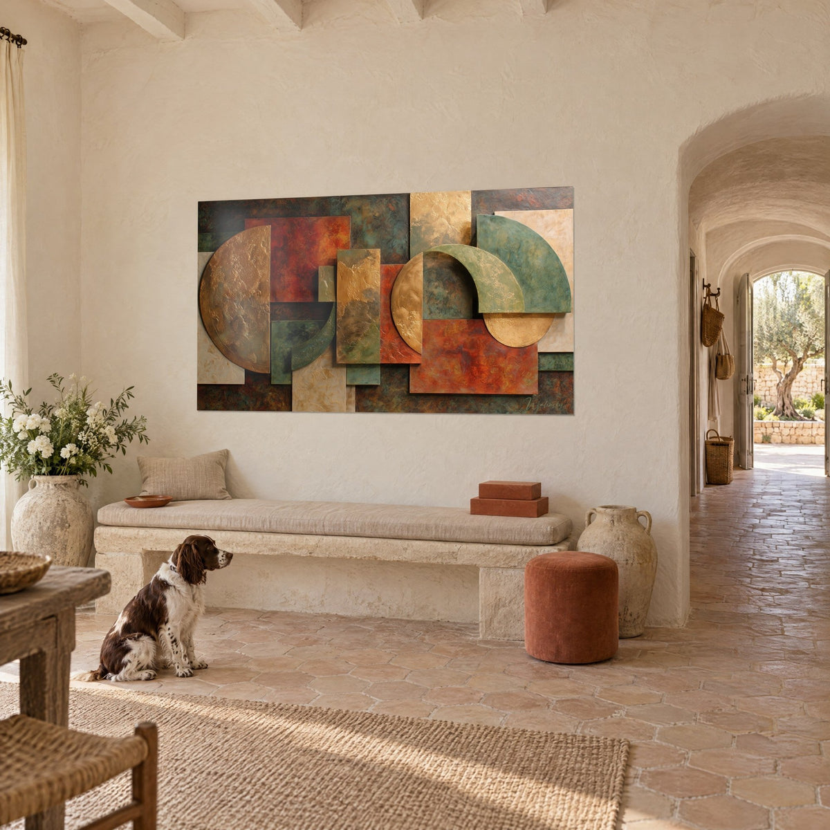 Wall art with an abstract composition of rust and sage green rectangles, raised ochre circles, spaniel sitting on the tiles of a Provençal farmhouse