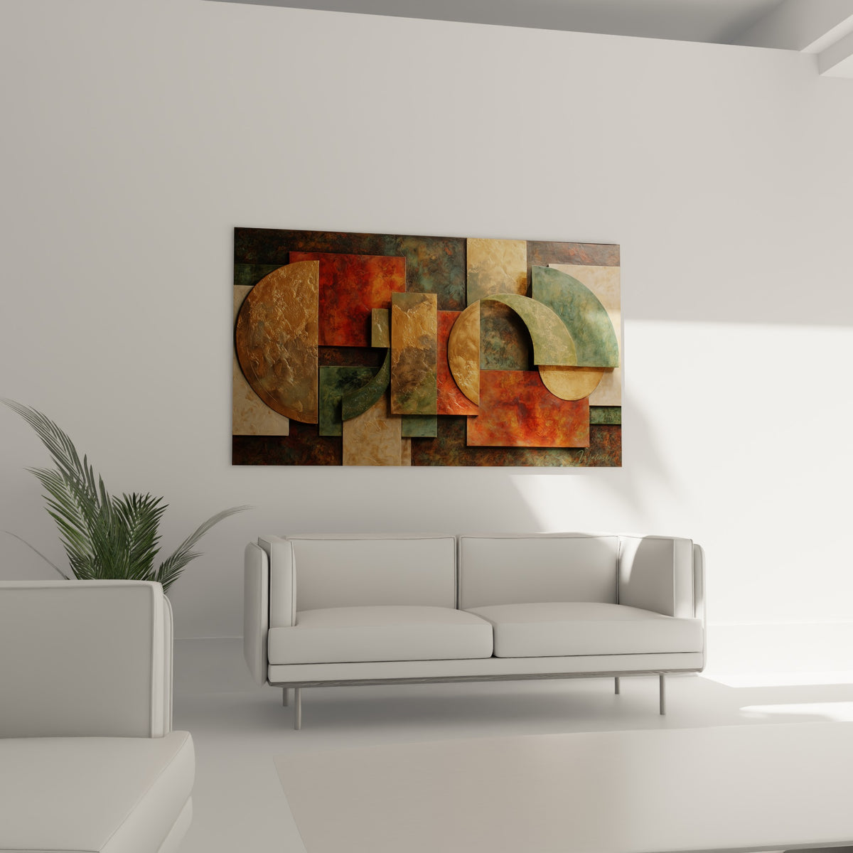 Panneaux terracotta et anthracite en relief accrochés au-dessus d'un canapé dans un salon lumineux