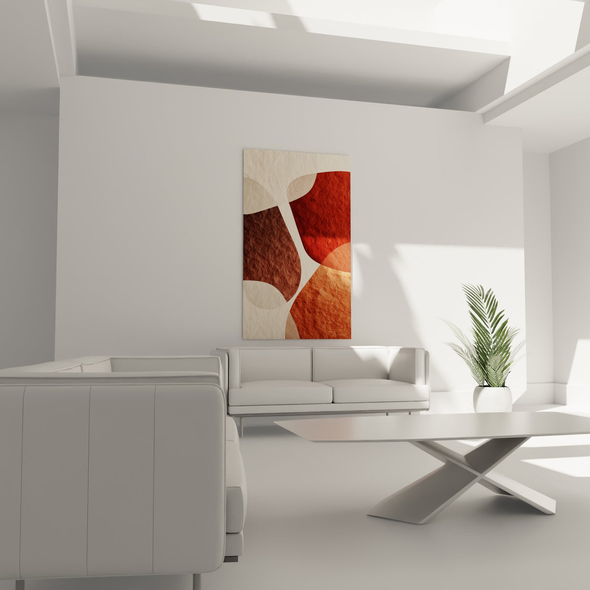 Aplats courbes terracotta et anthracite au-dessus d'un canapé dans un salon lumineux