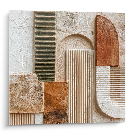 Arche beige et bloc brique terracotta sculptés en relief, cannelures anthracite et ocre visibles
