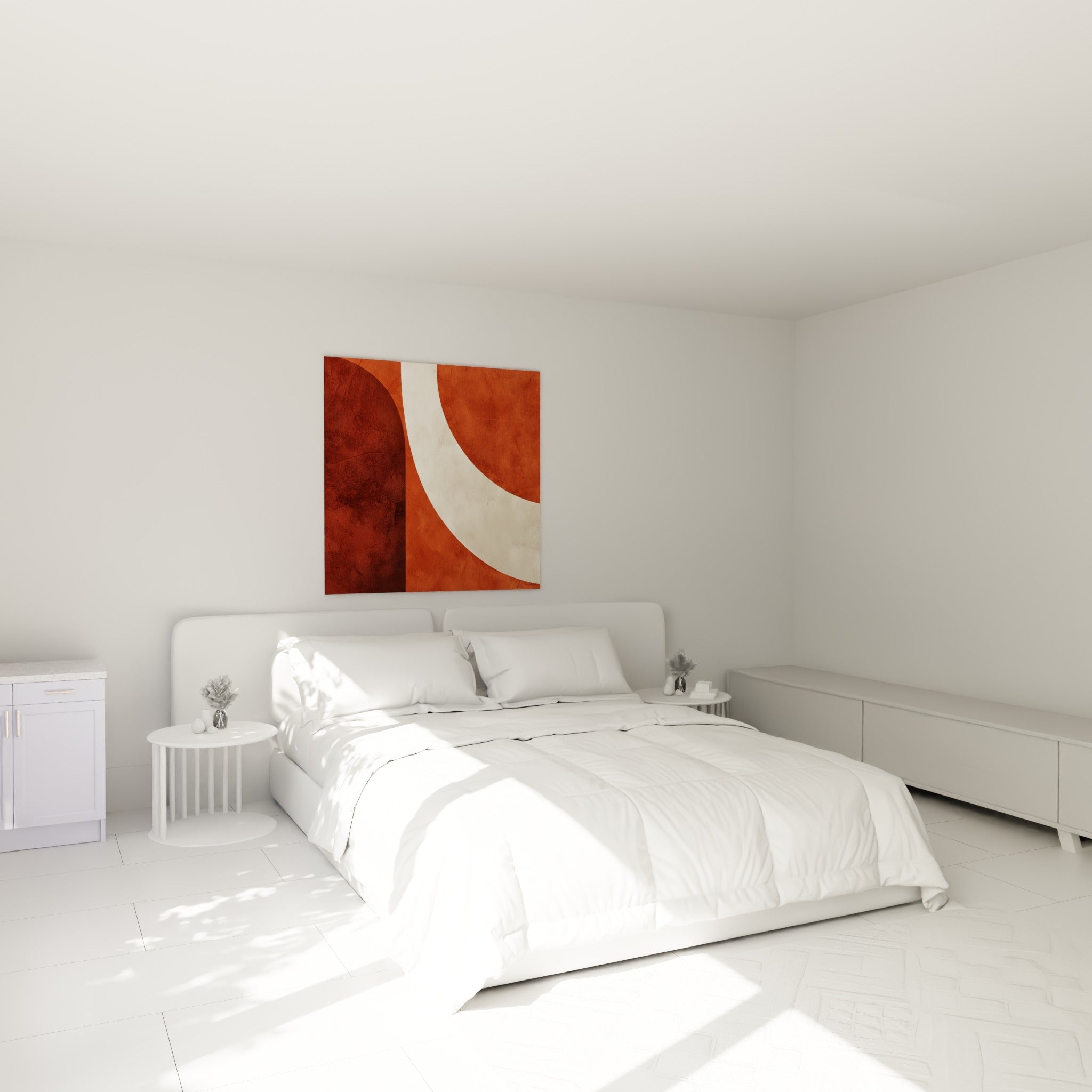 Arche ivoire sur fond rouille et brun profond du tableau Terracotta, accrochée au-dessus d'un lit dans une chambre claire