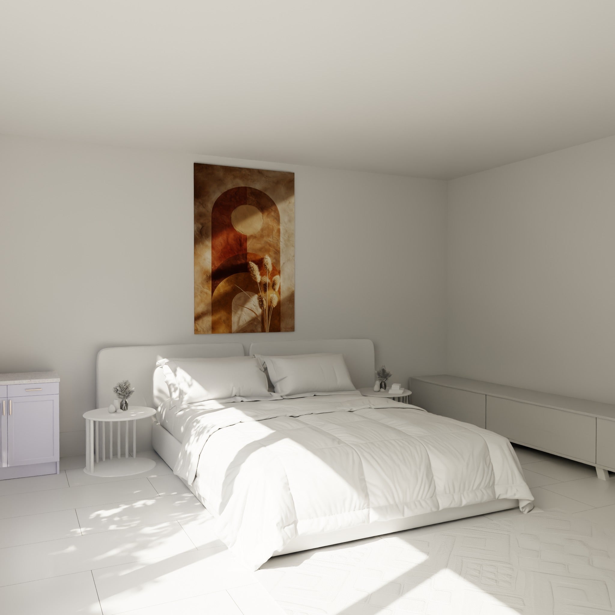 Arches empilées brunes et ocre avec épis dorés, au-dessus d'un lit dans une chambre claire