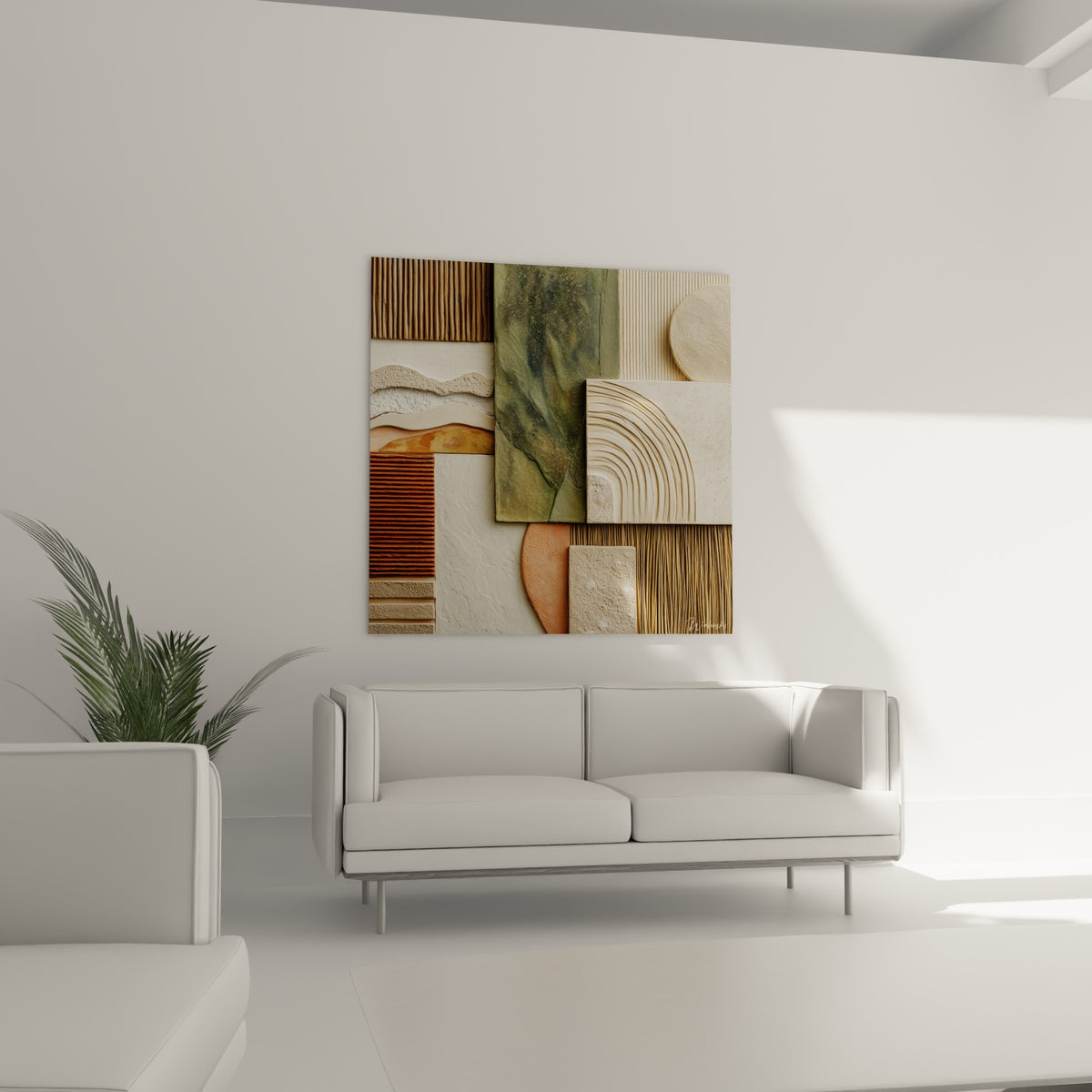 Panneau texturé ocre et vert pierre installé au-dessus d'un canapé dans un salon lumineux