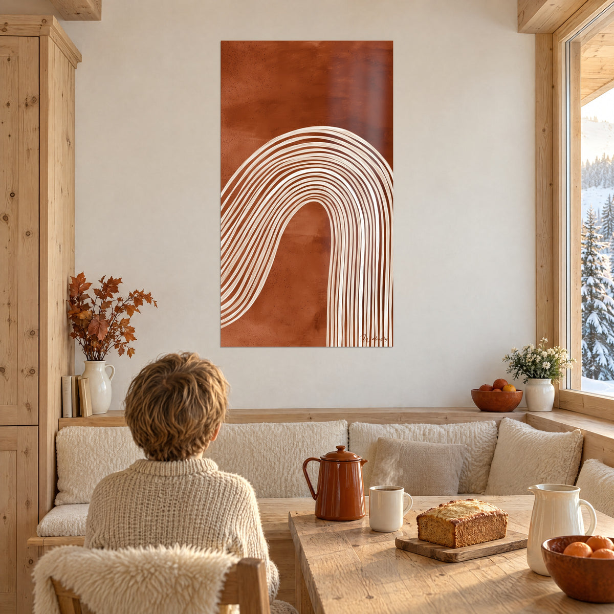 Cuadro haz de líneas crema en arco sobre terracota, un niño de espaldas en una mesa, chalet de madera clara con vistas a las cumbres