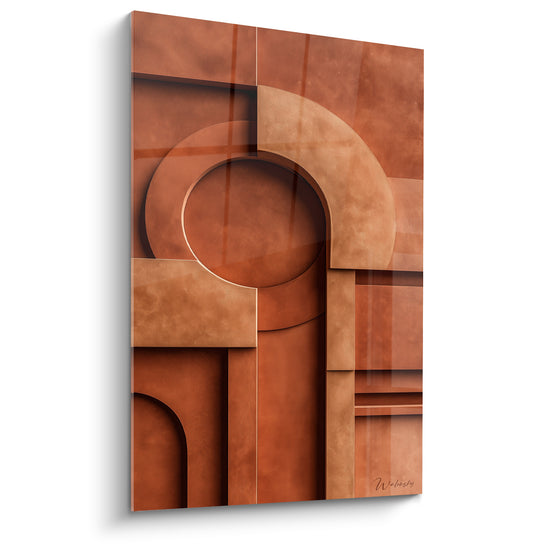 Tableau Arche géométrique brique et cuivre sculptée - Vestige millénaire - Edition Terracotta