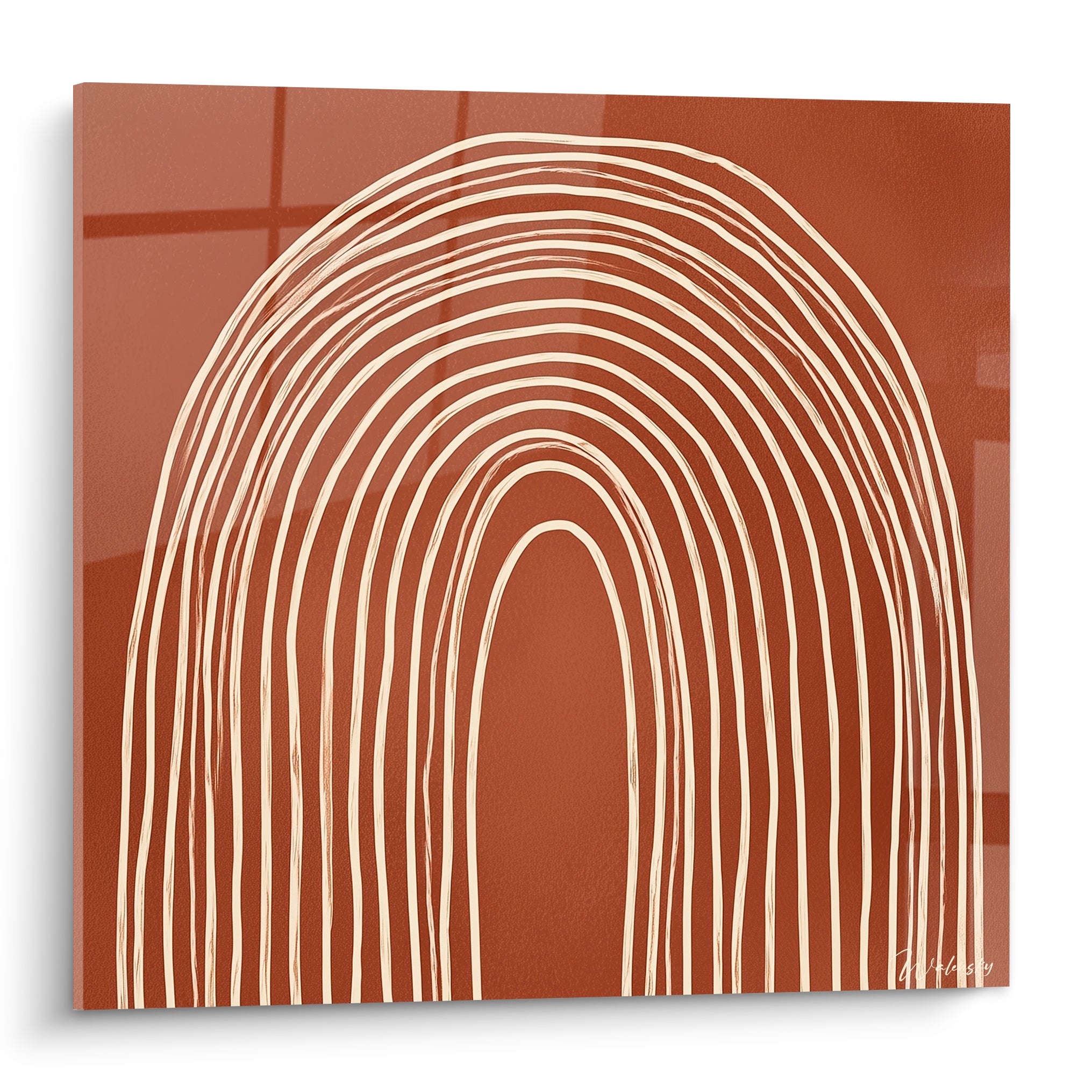 Arche terracotta aux lignes crème sinueuses, motif graphique centré sur fond brique dense